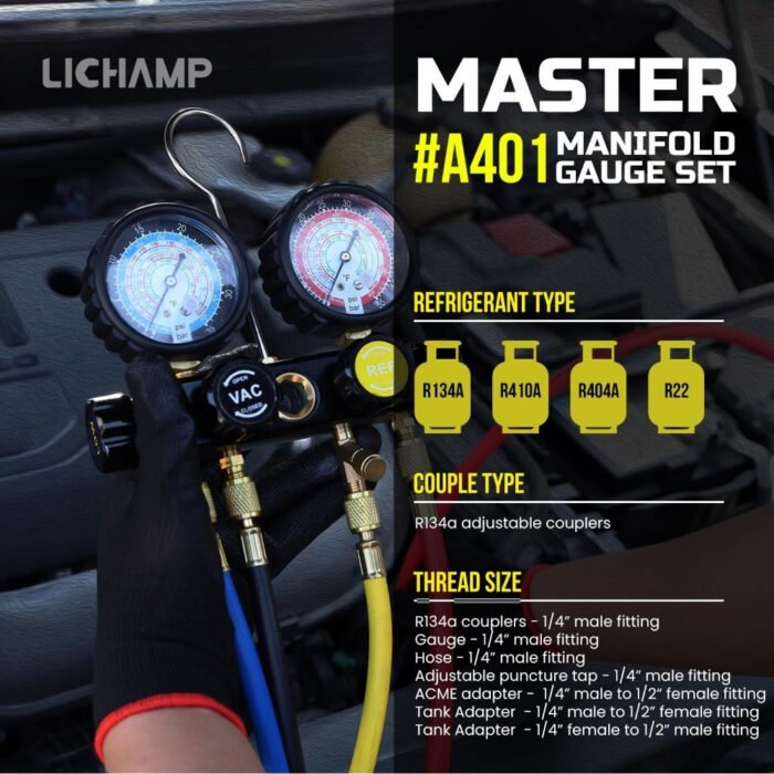 HVAC Gauges with Hoses, AC Manifold Gauge Set R134A R410A R404A R22 Refrigerant Gauges - Image 6